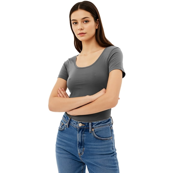 Essential Basic Scoop Neck Short Sleeve Tee for Women Tshirt -Plus, Charcoal, 2XL
