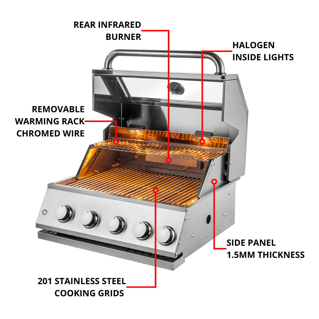 Chaleur Grill, Built in Gas Grill 28" Glass View 4-Burner Propane/Natural Gas with Rear Infrared Burner & Lights, 50,000 BTU, Stainless Steel