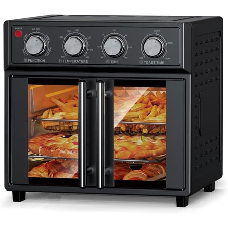 PlumChef 26QT Large capacity French Double-Door Air Fryer Convection Toaster Oven, 1700W, 7 Preset Menus, 7-in-1 Multi-Function for Bake, Roast, Grill, Toast, Dehydrate Defrost, Stainless Steel,Black