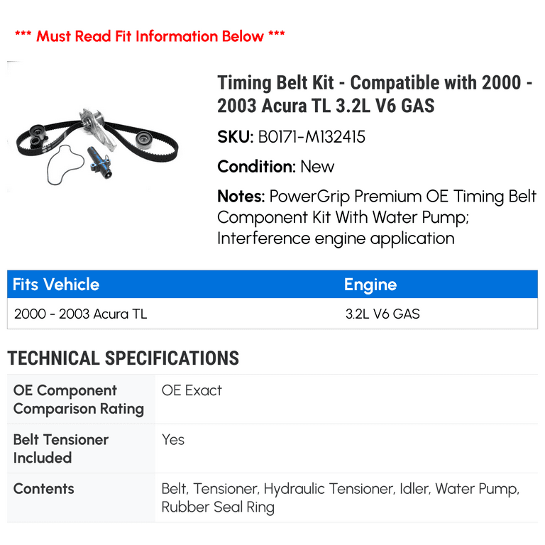 Timing Belt Kit Compatible with 2000 2003 Acura TL 3.2L V6 GAS 2001 2002 Walmart