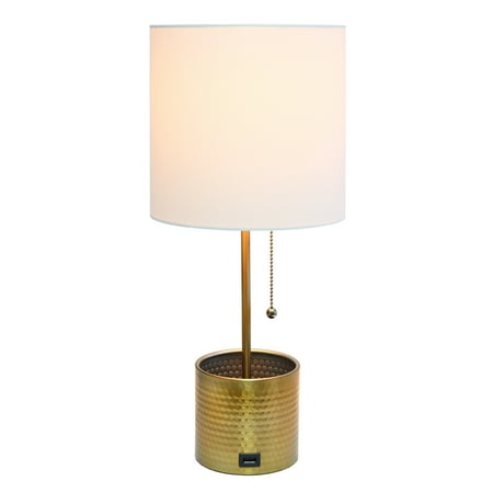 Simple Designs - Hammered Metal Organizer Table Lamp with USB charging port and Fabric Shade - Gold base/White shade