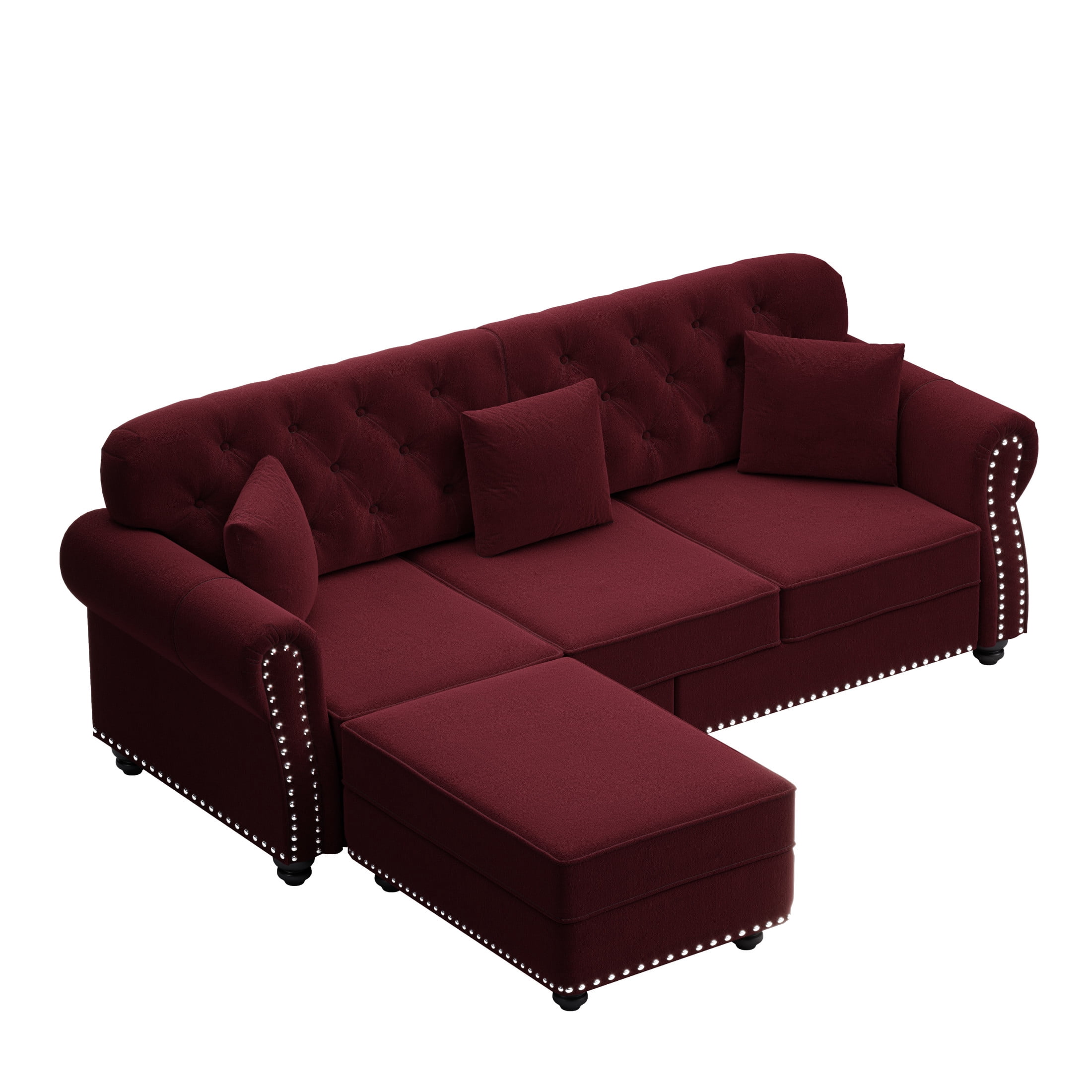 Noble House Kieran 3-Seater Velvet Chesterfield Sofa, Modern Tufted Armchair with Nailhead Trim and Ottoman, Burgundy