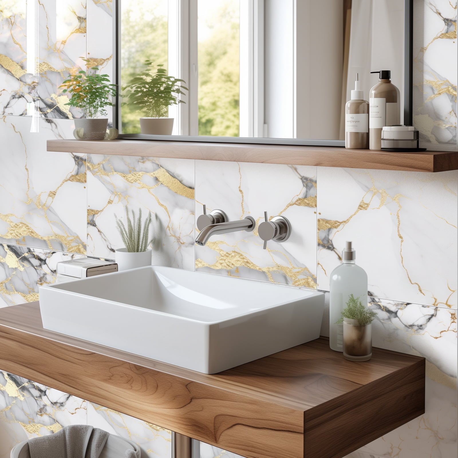 DEWOO 10pcs Peel and Stick Backsplash Wall Tile, Waterproof Peel and Stick Marble Wall Tiles, Self-Adhesive Panels for Bathroom, Kitchen, and Living Room (Gold Marble,12"×12")