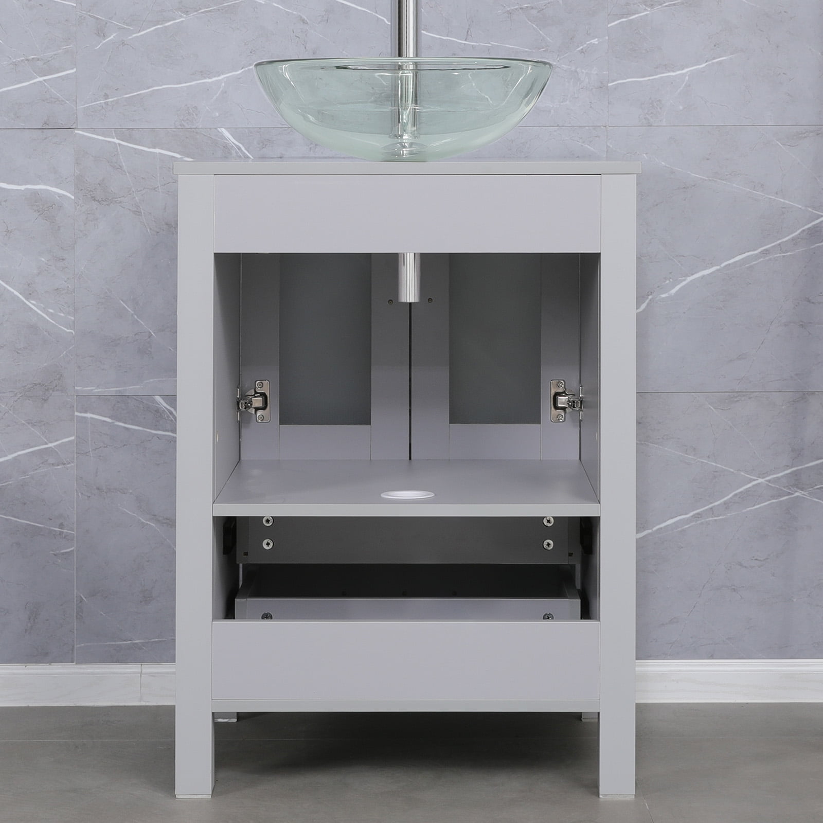 Eclife 24" Gray Bathroom Vanity Set with Wood Top, Clear Glass Sink, Water Saving Faucet, Pop up Drain Combo