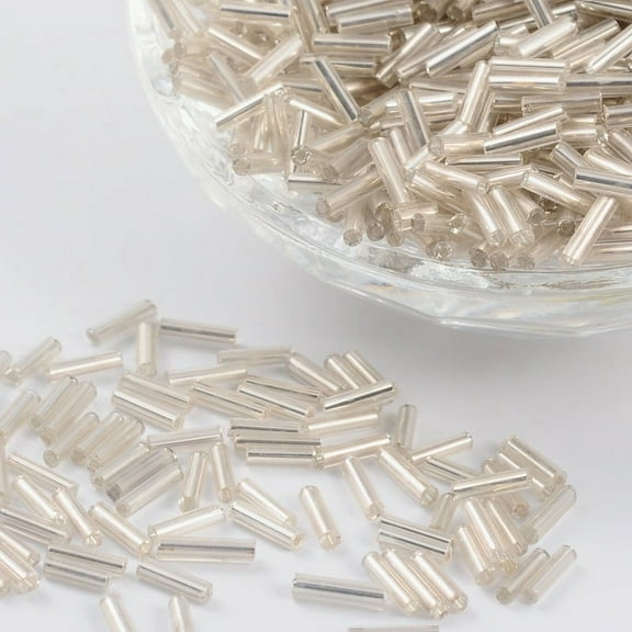 50g Glass Bugle Beads Silver Lined Floral White 6~8x1.8mm Hole: 0.6mm 1250pcs/50g