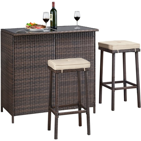 SmileMart 3-Piece Rattan Wicker Bar Height Patio Set for Outdoors, Brown with Beige Cushions