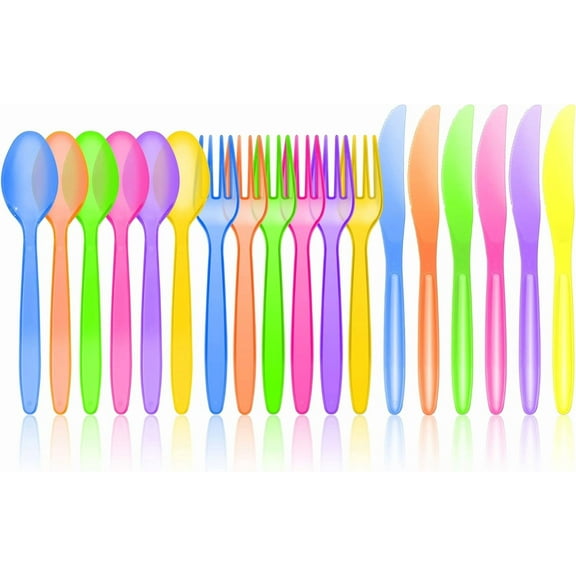 288 PCs Plastic Cutlery Hard Utensils for Brithday, Wedding Celebrations, Anniversary Party Favors, Fiesta Party Supplies, Luau Party, Carnivals, 6 Bright Neon Colors
