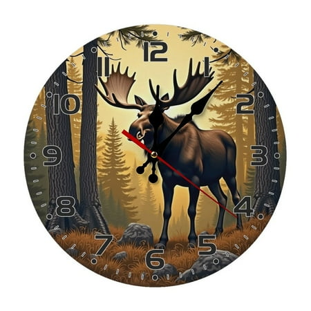 Moose Forest Tree Wall Clock 10 Inch Silent Non Ticking Round Clock Decoration for Living Room Kitchen Bedroom Bathroom Office Classroom