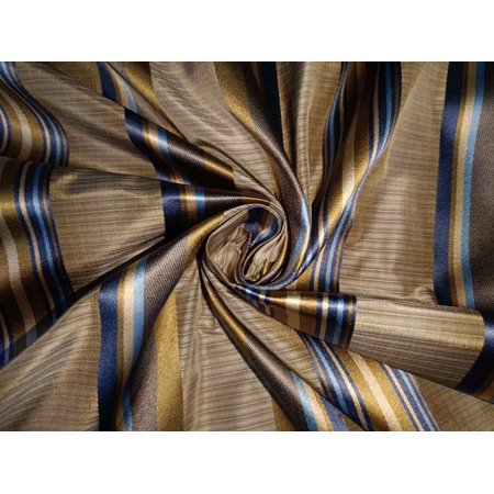100% SILK TAFFETA FABRIC gold beige/blue with satin stripes 54" wide TAF#S130[1