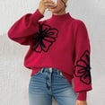 thumbnail image 4 of Mock Neck Sweaters for Women Colorblock Batwing Sleeve Outfit Fall Winter Floral Pullover Tops Red S, 4 of 9