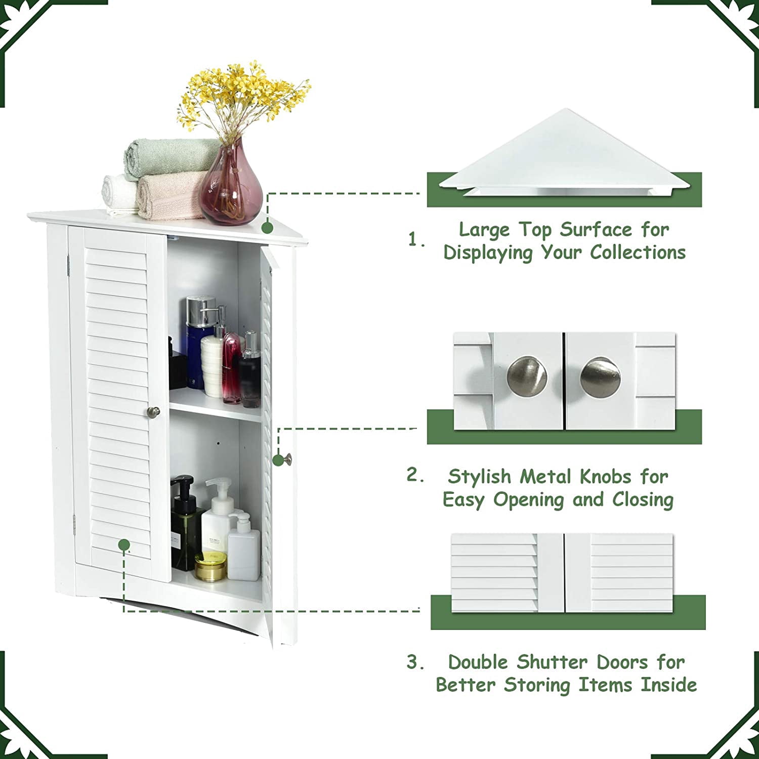 Giantex 3-Shelf Corner Cabinet, Freestanding Bathroom Floor Cabinet with Double Shutter Doors and Adjustable Shelf, Suitable for Bathroom, Living Room, Bedroom, Kitchen, 22 x 13 x 31.5 inches