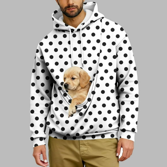 TIMIFIS Mens Pet Carrier Hoodie Polka Dots Long Sleeve Hooded Sweatshirts Pullover Fall Winter Fashion Stylish Casual Comfy Kitten Cat Puppy Holder Kangaroo Pocket Drawstring Top Hoodies