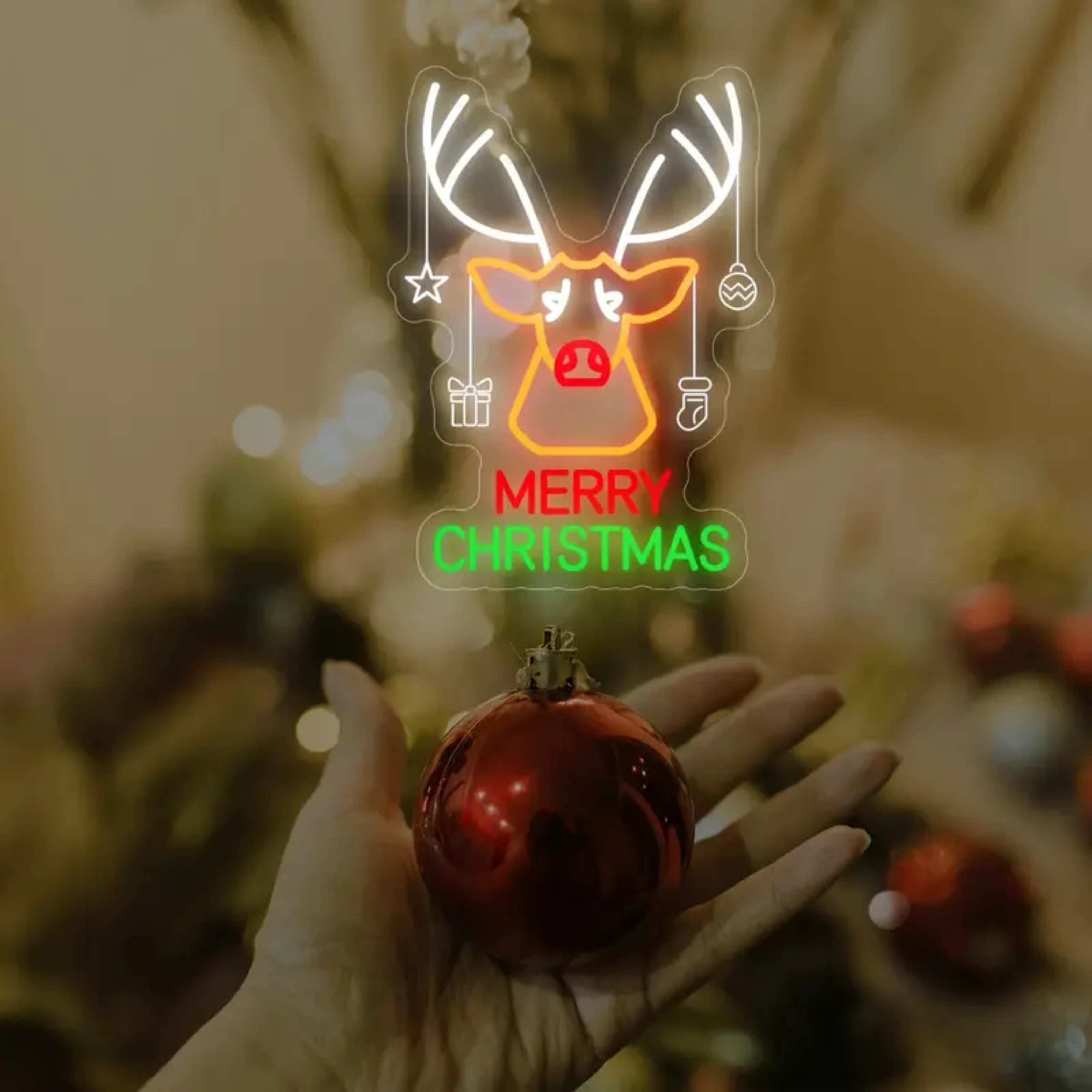 UPONRAY Christmas Reindeer Neon Signs, 17.7"*13" Dimmable & USB-Powered LED Neon Light, Stylish Wall Decor for Christmas Tree, Bed Room, Living Room, Party, Bar
