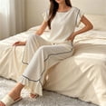 thumbnail image 6 of Tqcoqu Women's 2 Piece Pajama Set, Round Neck Ruffle Short Sleeve Contrast Piping & Drawstring Ruffle Hem Wide Leg Pants, Loungewear Sleepwear for Women, 6 of 7