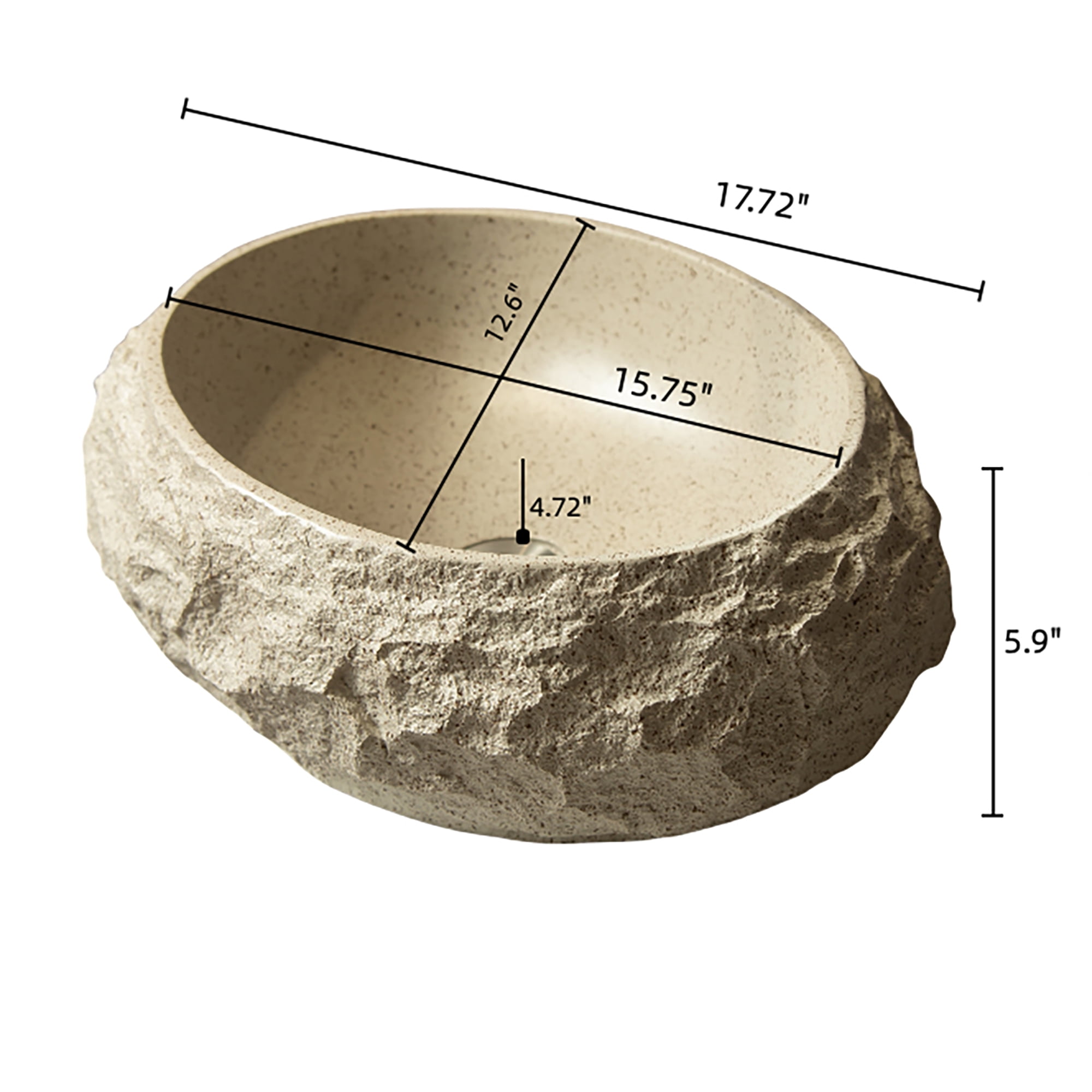 Wohh 18" Irregular Oval Resin Bathroom Sink with Stone Texture Beige Vessel Sink 17.72x5.9 Inch Modern Above Counter Vanity Basin for Home Office Restaurant Indoor Outdoor Use