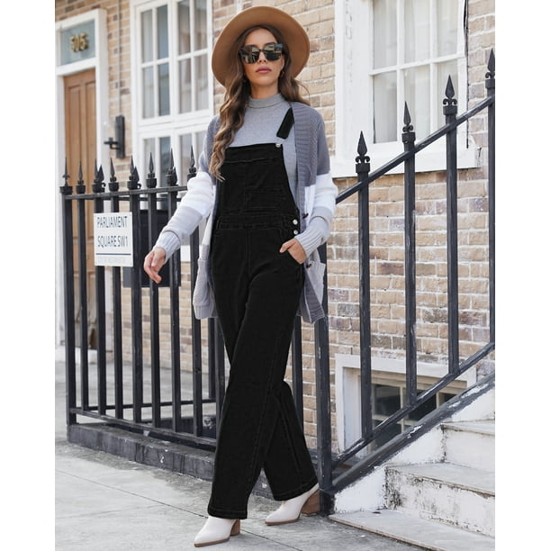 LookbookStore Black Denim Overalls Pants for Women Work Casual Fall Adjustable Straps Jeans Pants Size L Size 12 Size 14