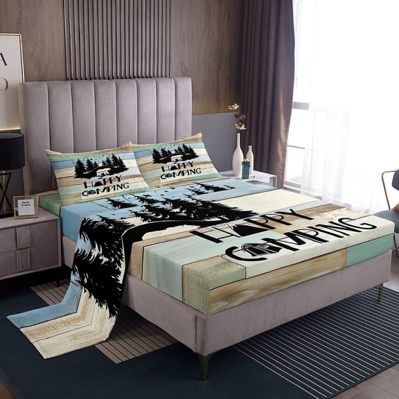 Erosebridal Happy Camping Sheet Set Twin,Animal Bear Bedding Sets Twin Size,Rustic Cabin Twin Sheet Sets,Microfiber Vintage Bedroom Decorative,3pcs