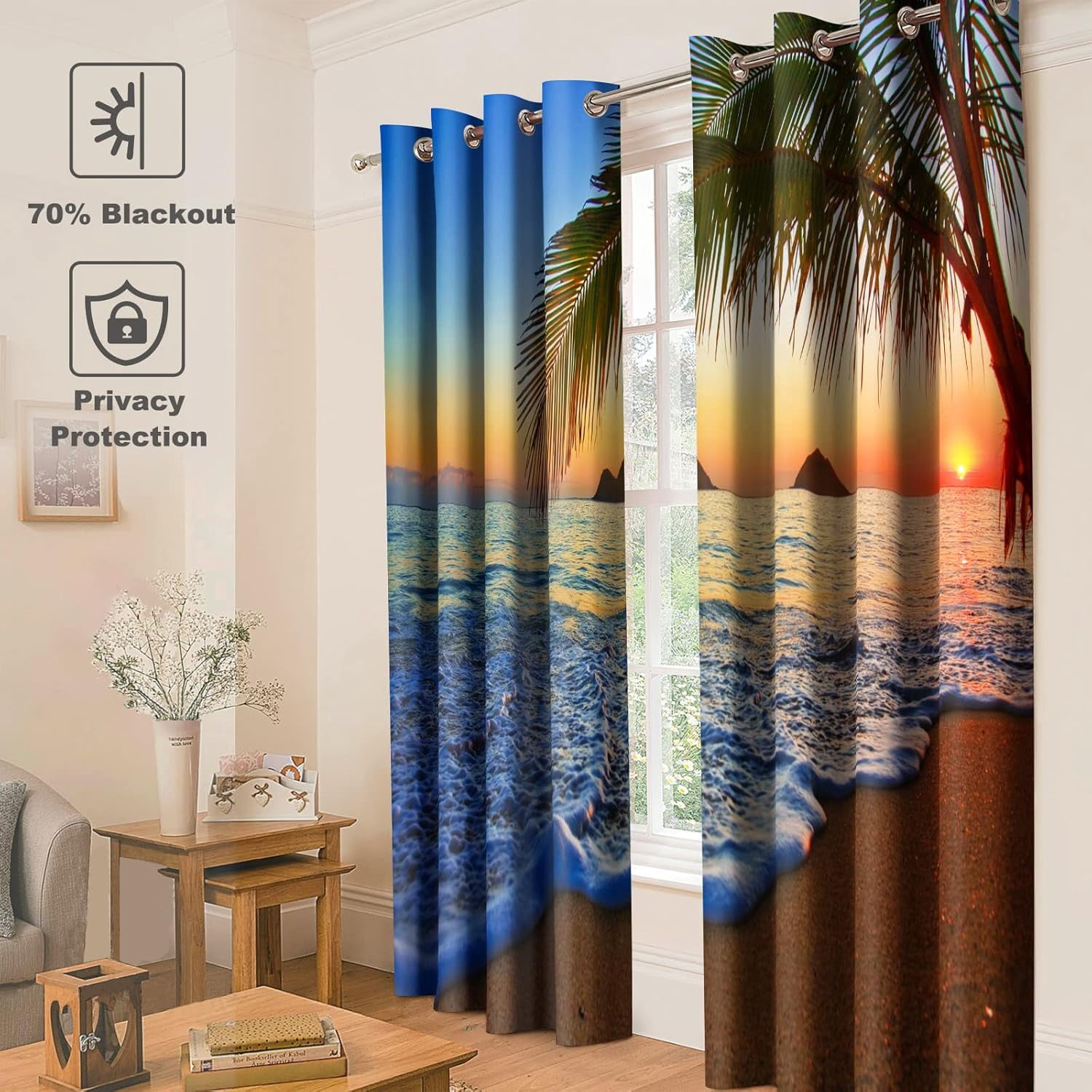 Sea Sunset Blackout Curtains - Tropical Beach Ocean Sunset with Palm Trees Nature Scenery Print Blocking Curtain Decor Home Bedroom Living Room Grommet Window Drapes 2 Panel Set, 42" x 54"