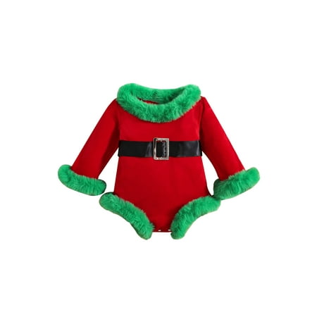 

Acuteok Baby Girls Christmas Romper Casual Long Sleeve Plush Collar Contrast Color Belted Santa Romper