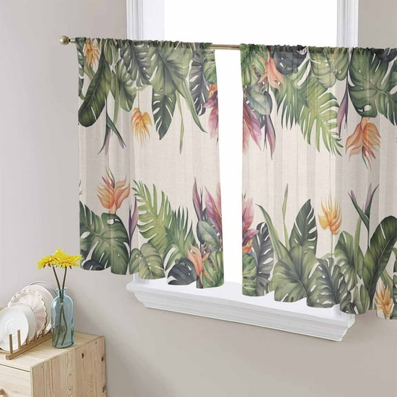 Palm Leaves Semi Sheer Curtains 45 Inch Length 2 Panels Set, Summer Botanical Tropical Plants Rustic Sheer Kitchen Curtain Privacy Voile Window Curtain for Living Room Bedroom Rod Pocket Drapes