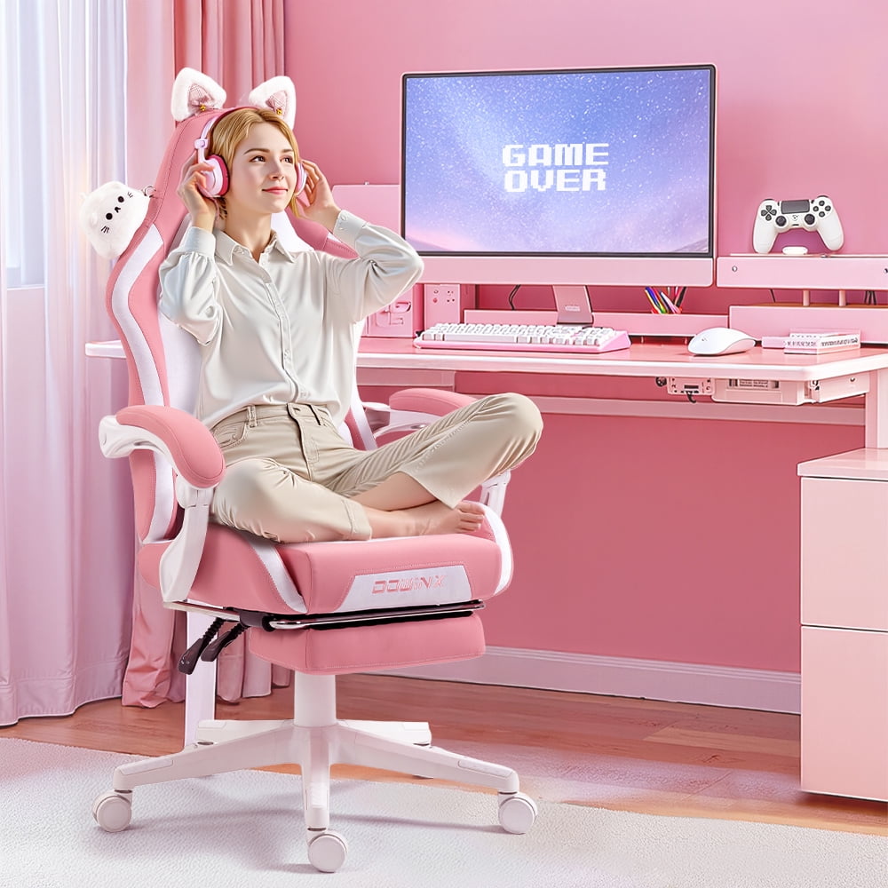 KARXAS Adult Cat Leather PC Gaming Chair with Massage Lumbar and Footrest,  Pink