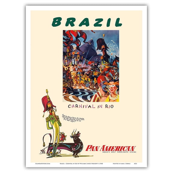 Brazil - Carnival in Rio - Pan American World Airways - Vintage Airline Travel Poster by William Linzee Prescott c.1960 - Master Art Print (Unframed) 9in x 12in