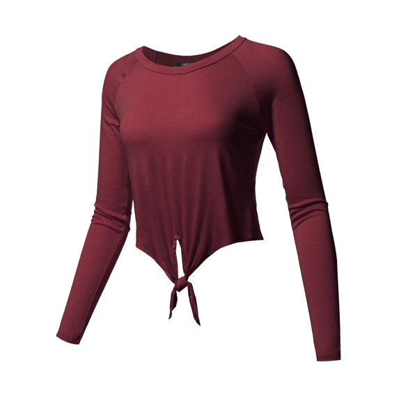 FashionOutfit Women's Solid Raglan Long Sleeves Tie Front Crop Top