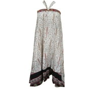 Mogul Ladies  Wrap Around Skirt White Paisley Print Reversible Silk Sari Two Layer Wrap Dress