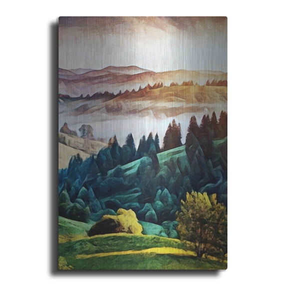 Luxe Metal Art 'Misty Morning Mountains 1' by Ashley Aldridge Metal Wall Art, 16"x24"