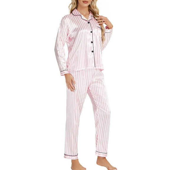 cfhntfmh Womens Pajama Sets Lounge Long Sleeve Collared Buttons down Shirts Soft Long Pants 2 Piece Striped Sets Sleepwear