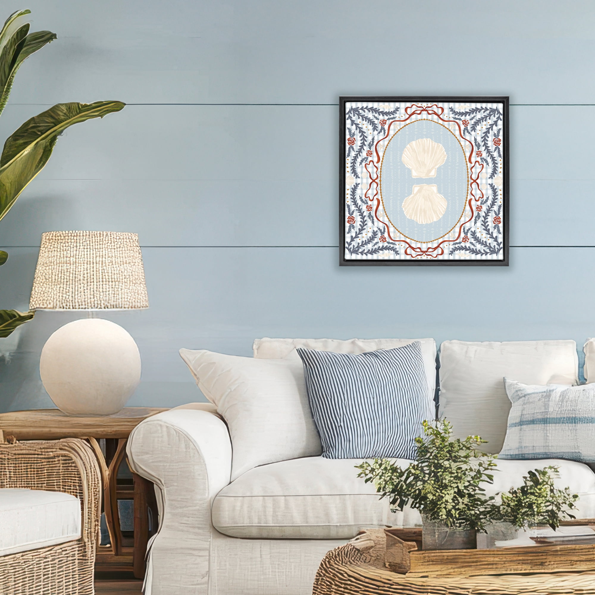 Stupell Industries Shells Portrait on Gingham Black Framed Floater Canvas Wall Art, design by Vero Illustrates