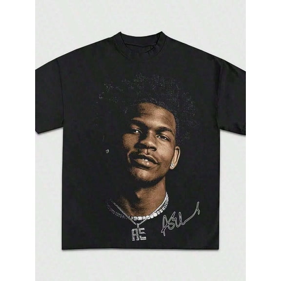 【New Arrival】Unisex Vintage Hip Hop Portrait Graphic T-Shirt, Retro Rapper Signature Print Crew Neck Black Short Sleeve Streetwear Top