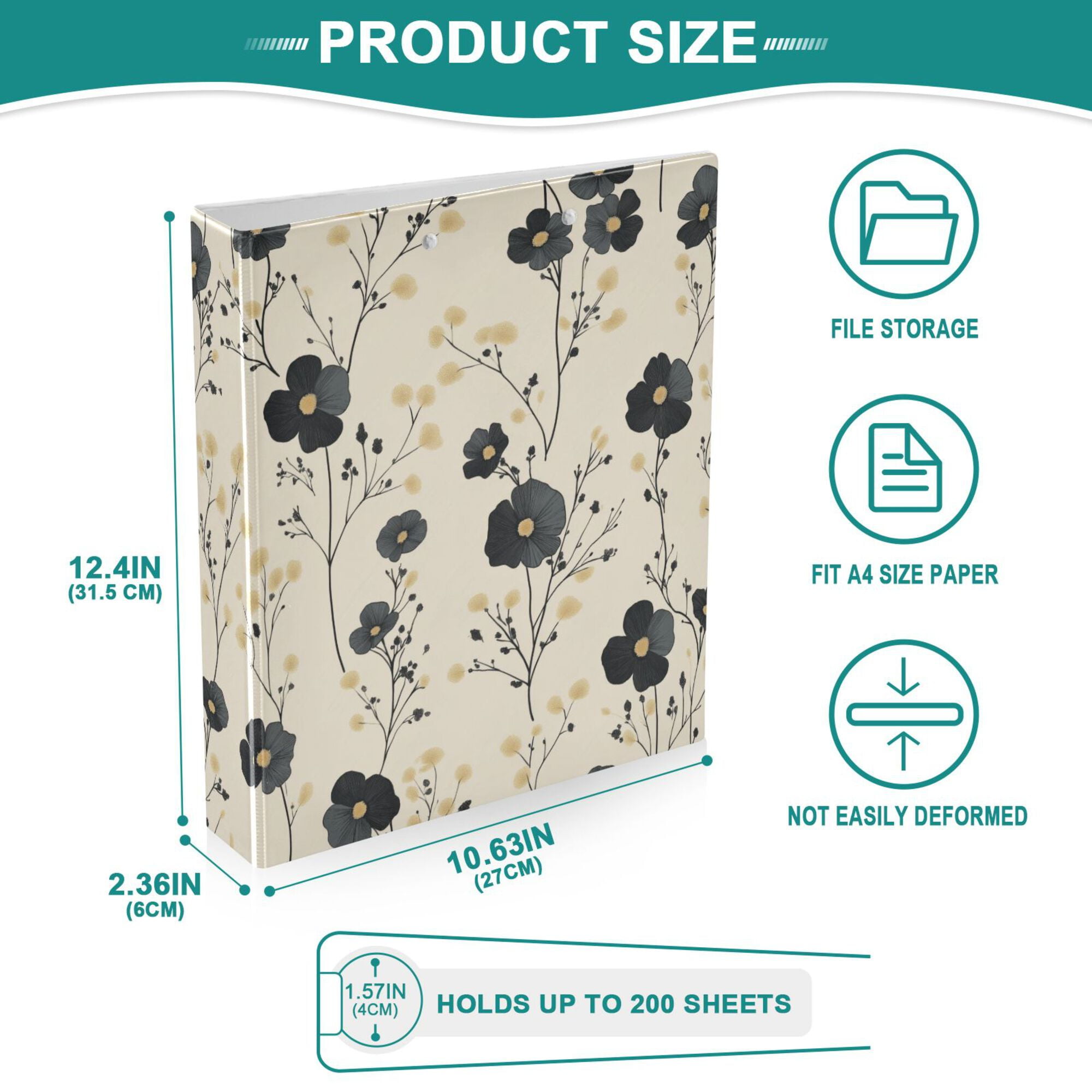 FORMRS 3 Ring Binder with Pockets 1.5" D-Rings Clip Board 200 Sheets Capacity, Small Black Flowers