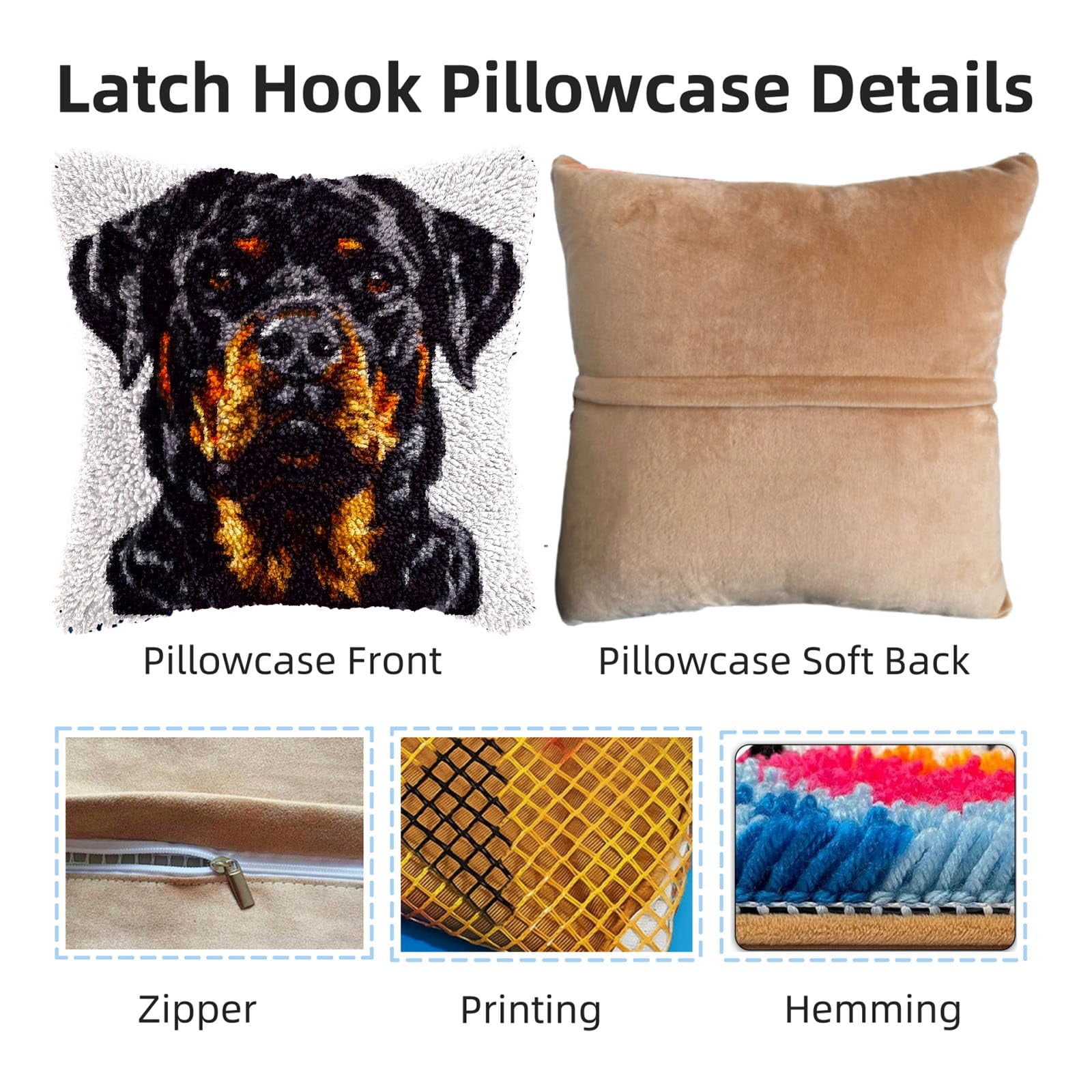 Black Dog Rottweiller DIY Latch Hook Pillow Kits for Adults Printed Pillowcase Crochet Yarns Hooking Handmade Pillow Cover Cushion for Home Sofa Decoration 17x17inch(2)