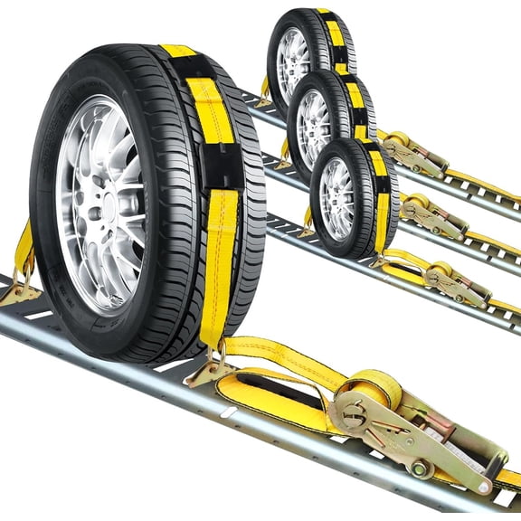 E Track Tire Straps for Trailer Heavy Duty 2" x 10' Auto Hauler Strap-10,000lb Guaranteed Break Strength-(4)   Tie Down Kit with Rubber Blocks Wheel Tie-Downs for , UTV
