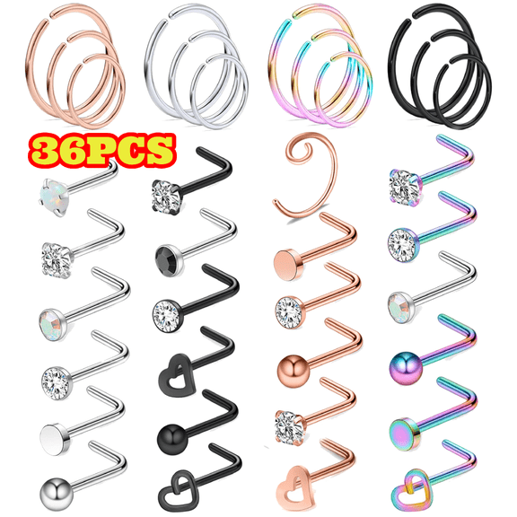 36pcs 18G Nose Rings for Women, Hoop and L Shape Nose Rings Studs for Men, Stainless Steel Nostril Piercing Jewelry Set
