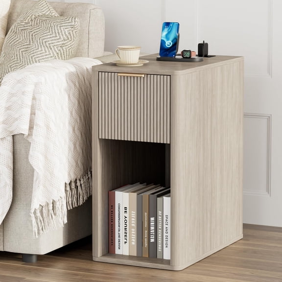 Narrow End Table with Fluted Drawer & Charging Station in Light Gray Oak |