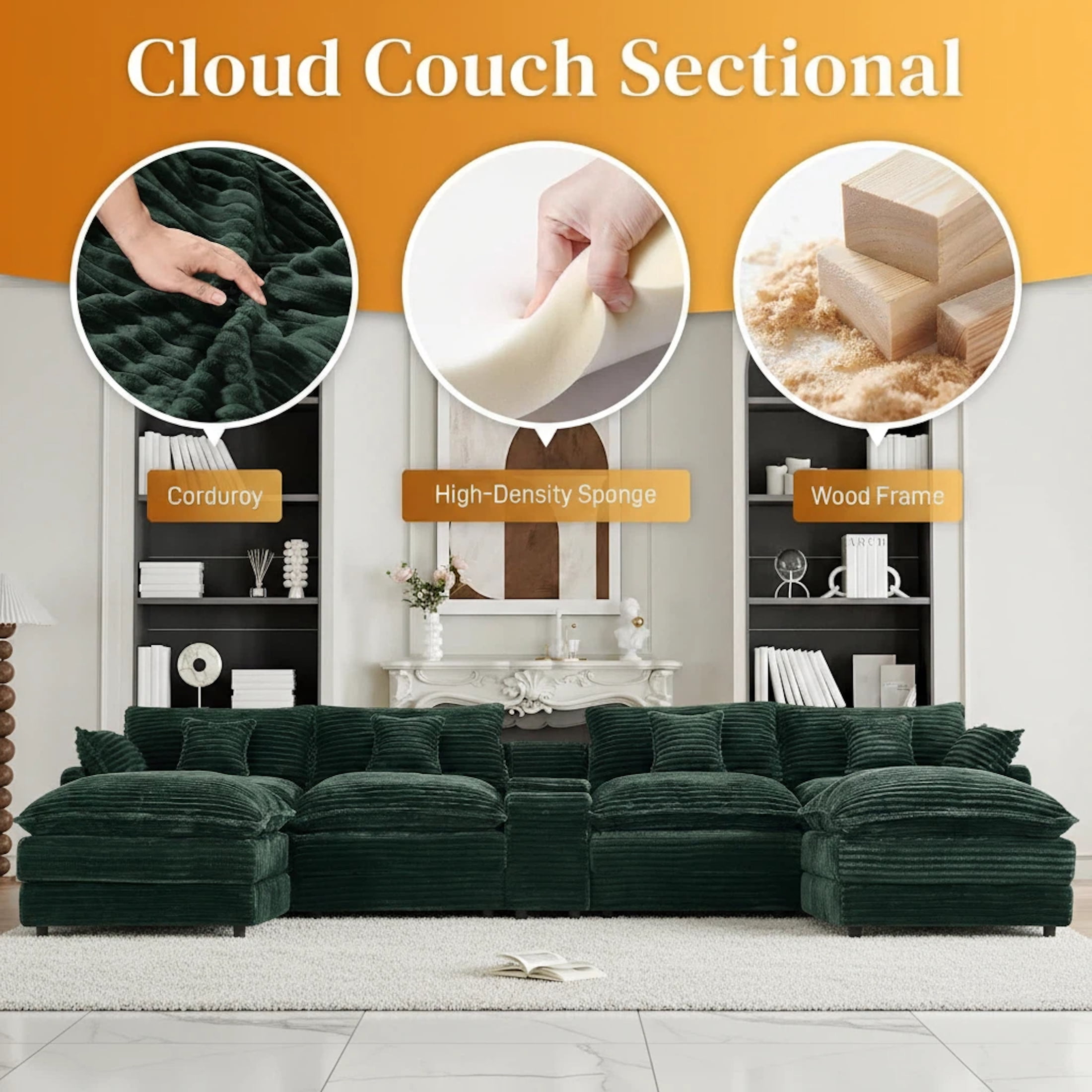 Vinform 145" U Shaped Cloud Couch Sectional with USB Charging, Hidden Storage, Cup Holders & Double Chaise, Green