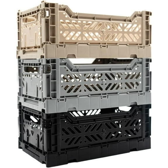 Collapsible Storage Box, Foldable Crate Organizer Bin with Handle, Stackable Crates for Home Organization (Black-Sand-Gray, 4L - 3-Pack)