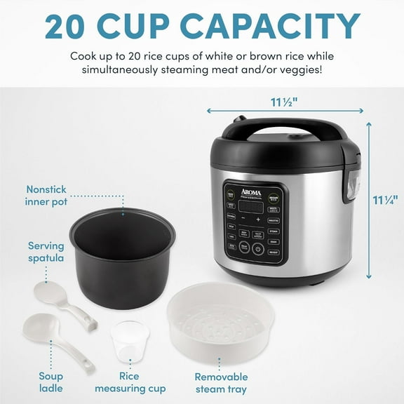 Aroma Housewares Professional Plus -5000SB 20 Cup Digital Rice Cooker, Food Steamer, Slow Cooker, Stainless Exterior/Nonstick Pot, Silver, Black
