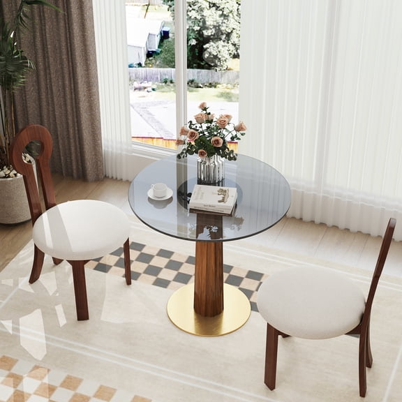 Modern Round Dining Table, 33.5" Tempered Glass Table with Wooden Leg & Gold Base, 2 - Person Kitchen Table for Small Space, 150lbs Weight Capacity(Only the Negotiation Table)