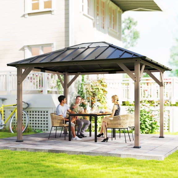 Outsunny 10' x 12' Hardtop Gazebo with Galvanized Steel Roof, UPF50  Wood Permanent Pavilion Canopy Shelter with Clear Roof Top, Light Walnut