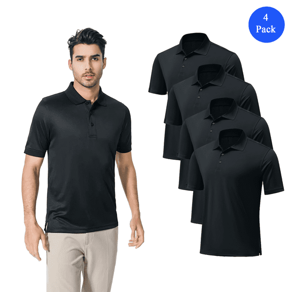 Zfeel Men's Performance Polo Shirt, Mesh Pique, Moisture-Wicking 100 poly Black Polo, 4-Pack, S