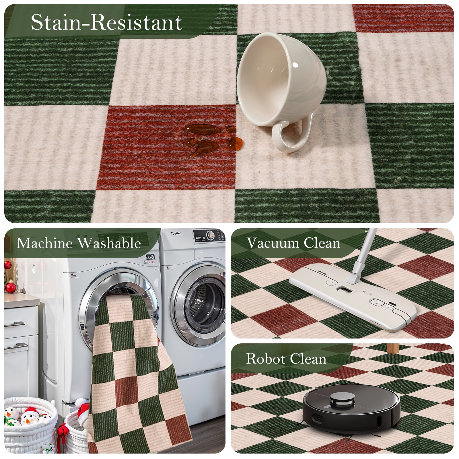 RUG ROBOT 3'x5' Christmas Rugs for Entryway, Washable Non-Slip Checkered Area Rug, Soft Farmhouse Geometric Xmas Holiday Rugs for Bedroom, Living Room Indoor Outdoor Christmas Decor