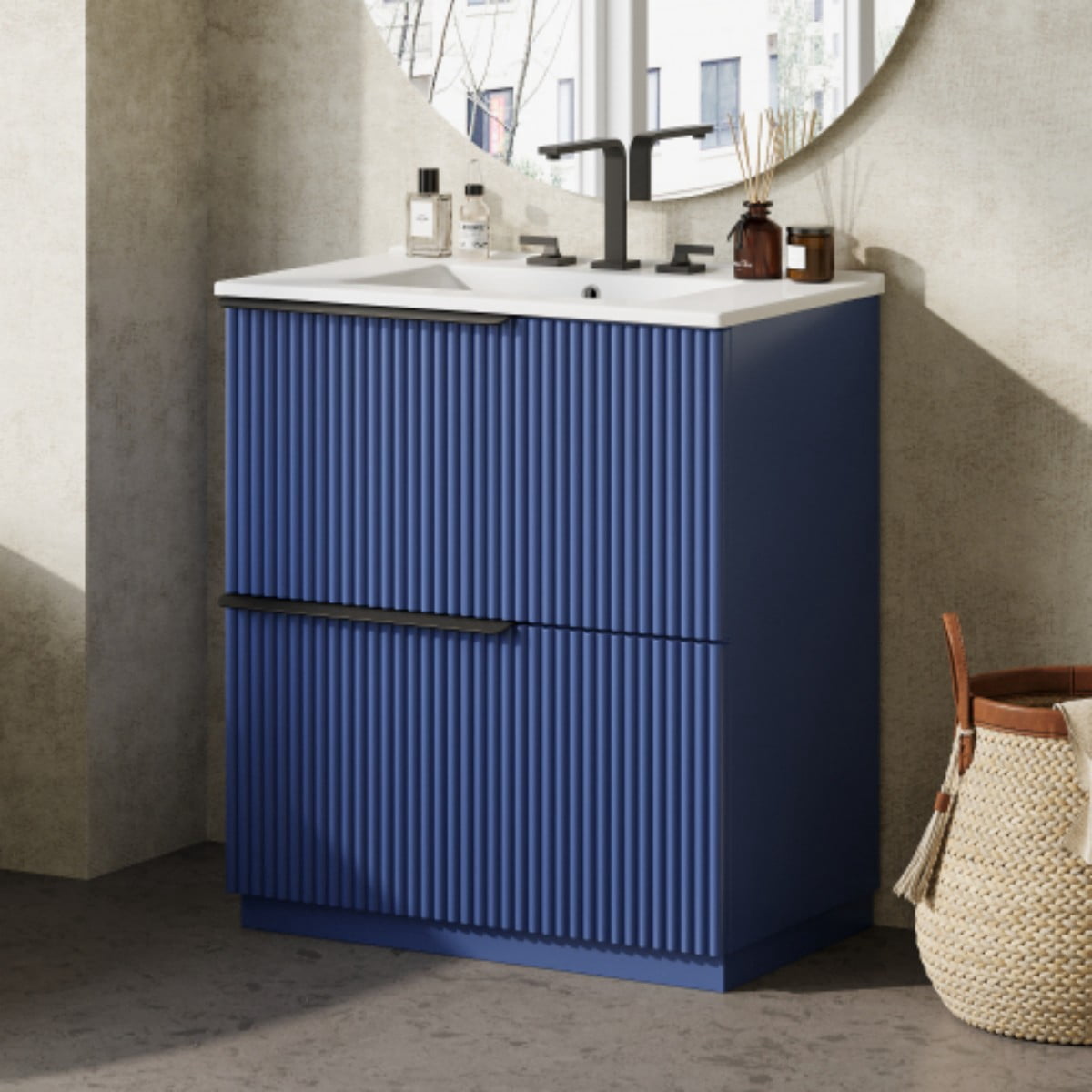 30" Bathroom Vanity with Ceramic Sink, Freestanding Bathroom Cabinet with Full Extension Drawers, Soft Close Slides, Fluted Design, Blue