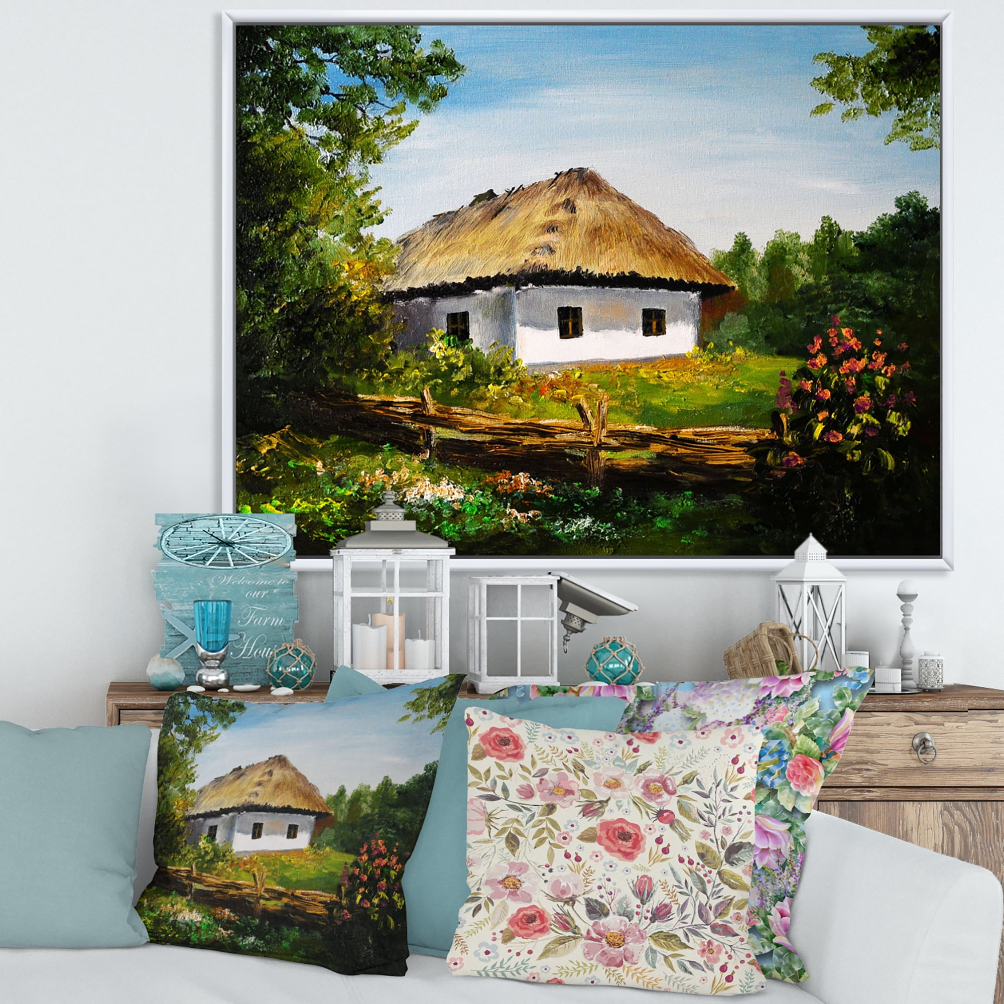 Designart 'Traditional Cottage At Sunrise In Summer' Traditional Framed Canvas Wall Art Print