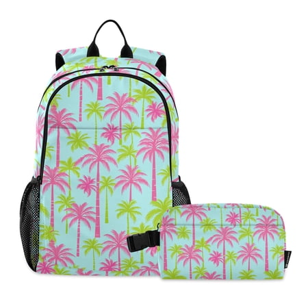 ALAZA Pink Green Palm Tree School Backpack Lunch Box Set Student Bookbag