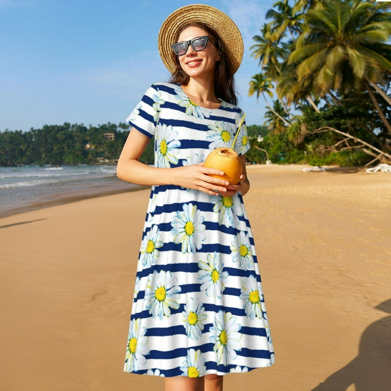 Goofa Daisy Striped Nautical Pattern Women Summer Short Sleeve Midi Dress  with Pockets Casual Aline Flowy Tshirt Dress Vocation Beach Sundress -  Walmart.com