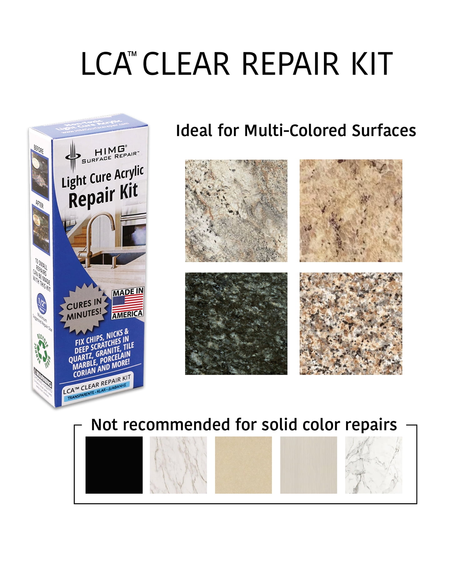 LCA(TM) CLEAR, Light Cure Acrylic DIY Surface Repair Kit for Granite, Marble and Porcelain