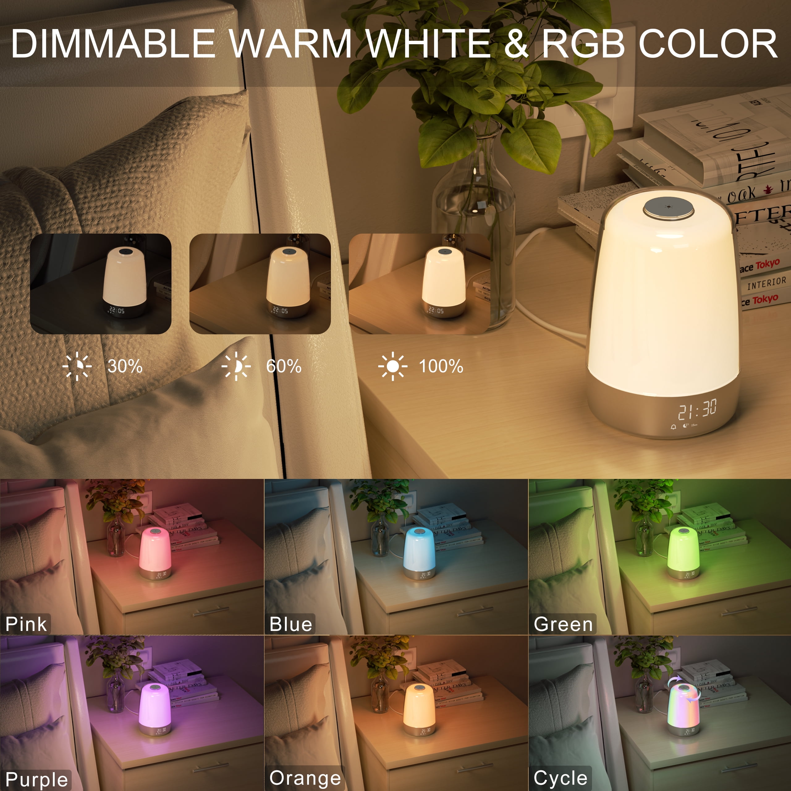 Hansang Sunrise Alarm Clock, Wake up Light Alarm Clock, 3 Ways Dimmable Modern Small Digital RGB Bedside Lamp for Heavy Sleeper